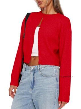 Womens Cropped Button Down Knit Cardigan Sweater Long Sleeve Crew Neck